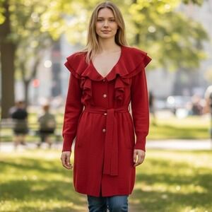 C. Wonder Christian Siriano Red Ruffle Collar Belted Knit Cardigan Coat Large